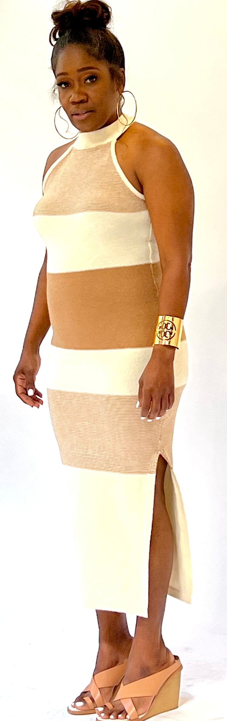 Halter Sweater Dress Ivory/Tan